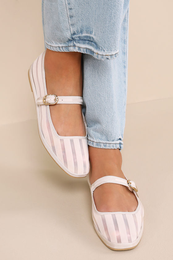 Tameka Bone Mesh Striped Buckle Ballet Flats