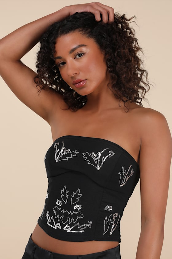 Suni Black Mesh Sequin Strapless Crop Top