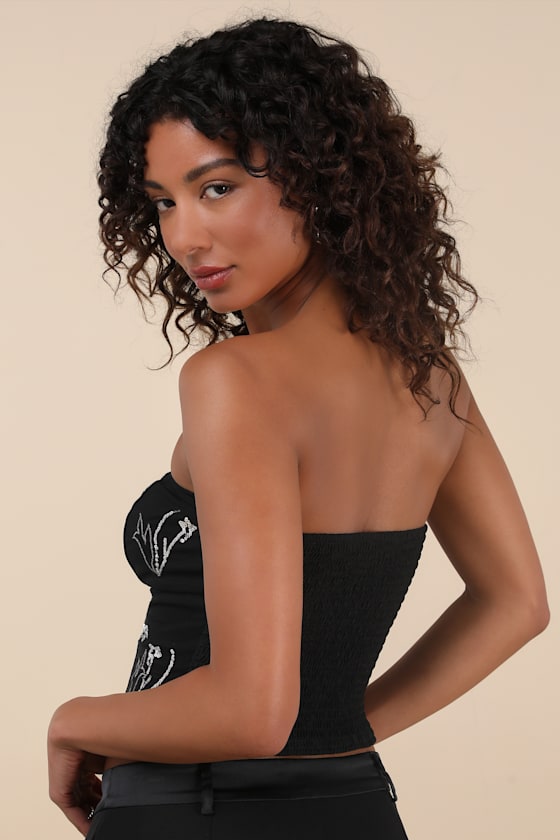 Suni Black Mesh Sequin Strapless Crop Top