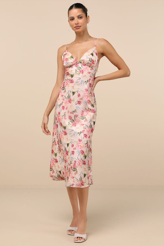 Alaia Blush Multi Floral Satin Backless Midi Dress