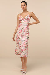 Alaia Blush Multi Floral Satin Backless Midi Dress