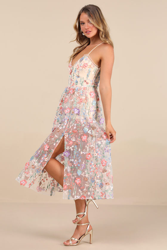 Mahryn Beige 3D Floral Embroidered Midi Bodysuit Dress
