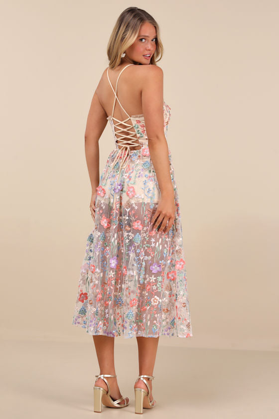 Mahryn Beige 3D Floral Embroidered Midi Bodysuit Dress