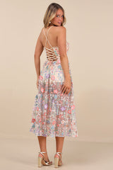 Mahryn Beige 3D Floral Embroidered Midi Bodysuit Dress