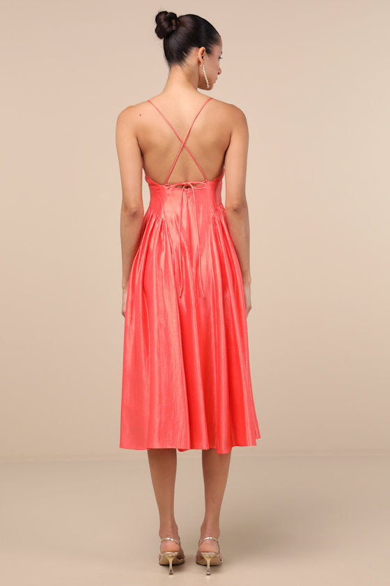 Paride Shiny Coral Gathered Lace-Up Midi Dress
