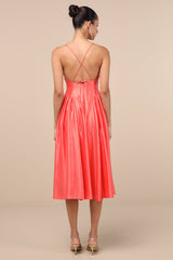 Paride Shiny Coral Gathered Lace-Up Midi Dress