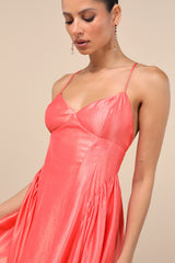 Paride Shiny Coral Gathered Lace-Up Midi Dress