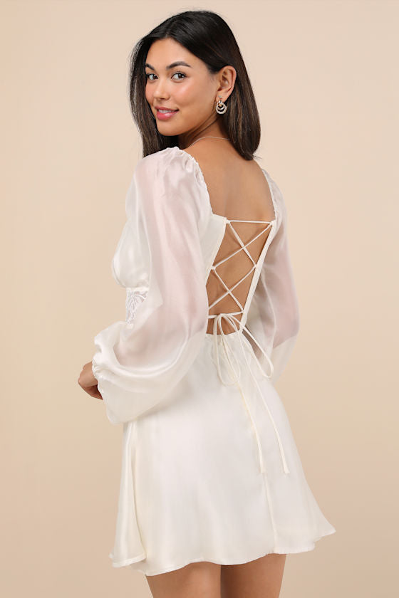 Medora Ivory Long Sleeve Lace-Up Mini Dress