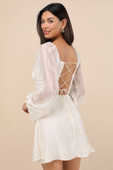 Medora Ivory Long Sleeve Lace-Up Mini Dress