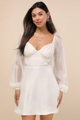 Medora Ivory Long Sleeve Lace-Up Mini Dress