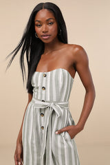 Sunny Day Classic Sage and White Striped Strapless Jumpsuit