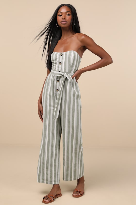 Sunny Day Classic Sage and White Striped Strapless Jumpsuit