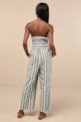 Sunny Day Classic Sage and White Striped Strapless Jumpsuit