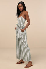 Sunny Day Classic Sage and White Striped Strapless Jumpsuit