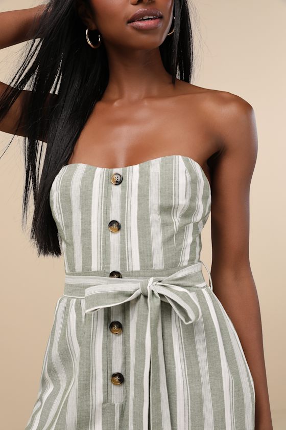 Sunny Day Classic Sage and White Striped Strapless Jumpsuit