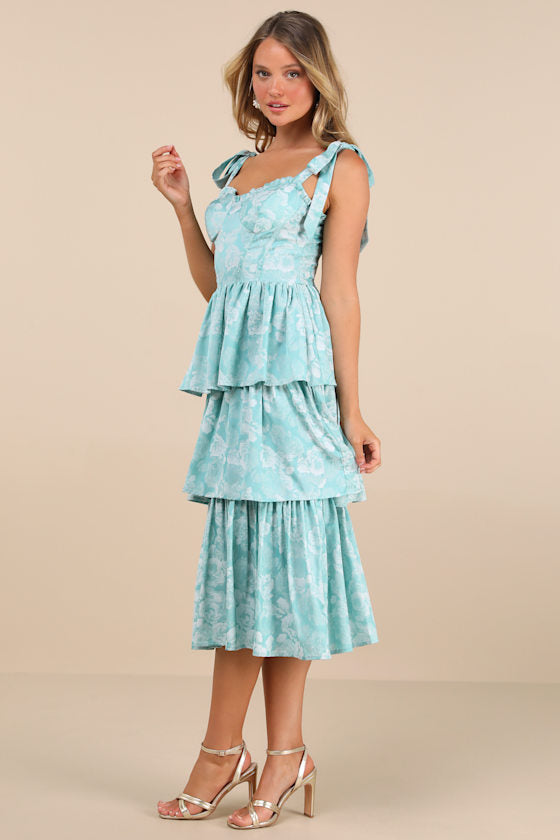 Lovely Bliss Aqua Floral Jacquard Strapless Bustier Midi Dress