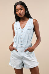 Vest Light Wash Button-Front Denim Romper