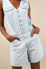 Vest Light Wash Button-Front Denim Romper