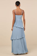 Jehona Dusty Blue Pleated Tiered Maxi Dress