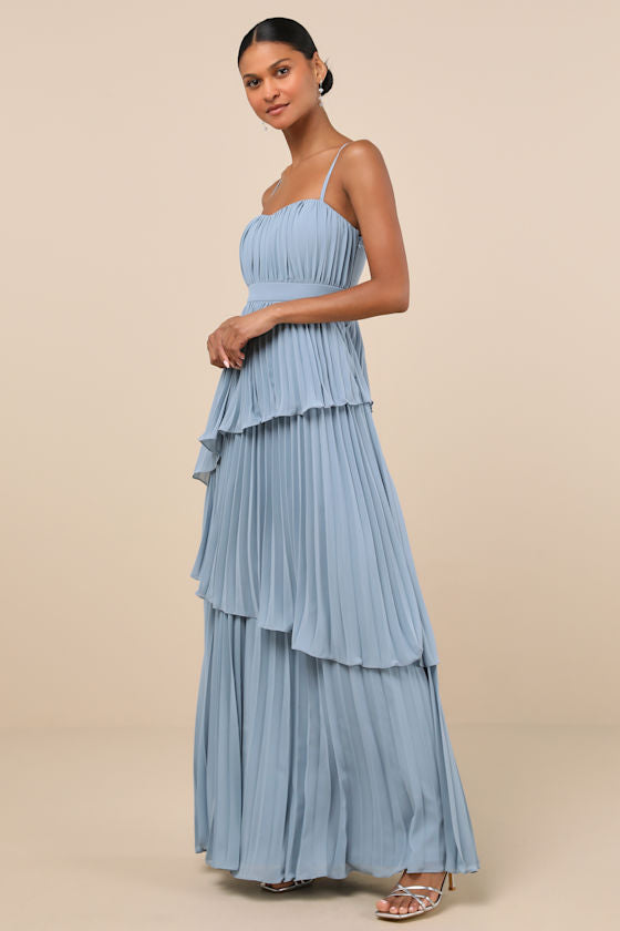 Jehona Dusty Blue Pleated Tiered Maxi Dress
