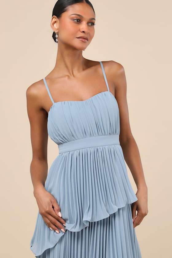Jehona Dusty Blue Pleated Tiered Maxi Dress