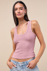 Conveniently Cute Mauve Pink Pointelle Knit Scoop Neck Tank Top