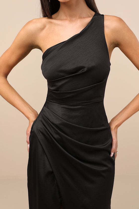 Dreaming of Elegance Black Satin One-Shoulder Maxi Dress