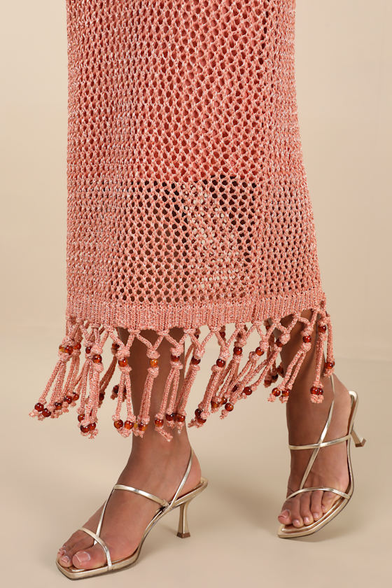 Marama Shiny Coral Crochet Sleeveless Fringe Midi Dress