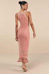 Marama Shiny Coral Crochet Sleeveless Fringe Midi Dress