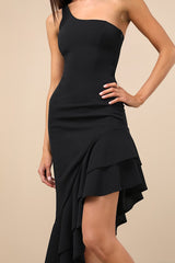 Steal a Glance Black One-Shoulder Asymmetrical Midi Dress
