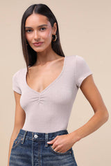 Required Style Beige Textured Ribbed Ruched Bodysuit