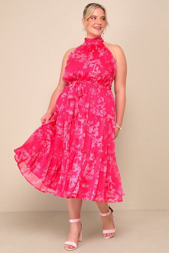 Float to You Hot Pink Floral Print Halter-Neck Tiered Midi Dress