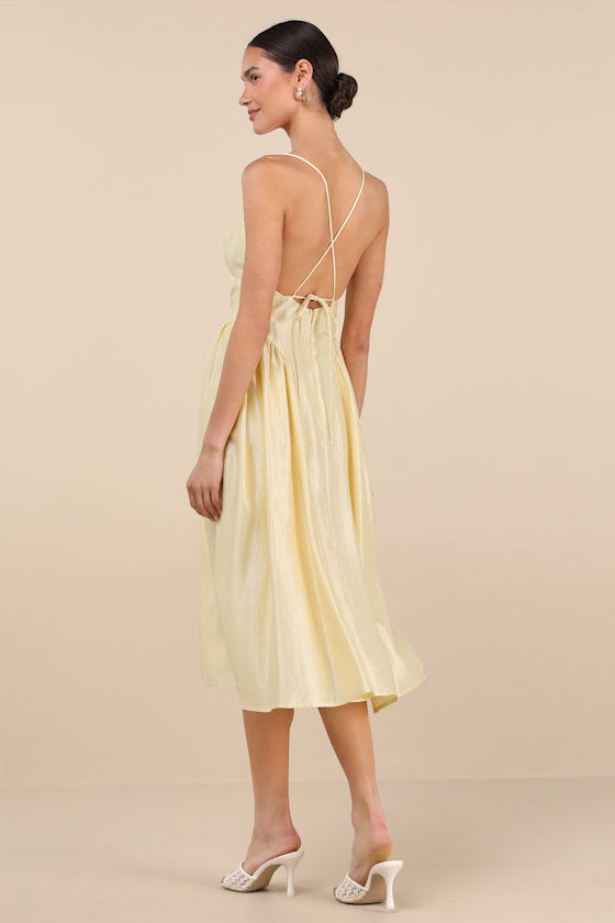 Paride Shiny Light Yellow Gathered Lace-Up Midi Dress