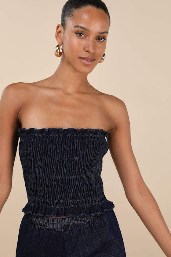 Diantha Dark Blue Smocked Strapless Crop Top
