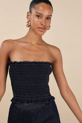 Diantha Dark Blue Smocked Strapless Crop Top
