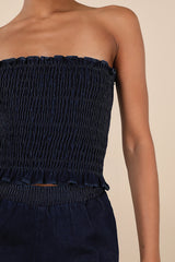 Diantha Dark Blue Smocked Strapless Crop Top