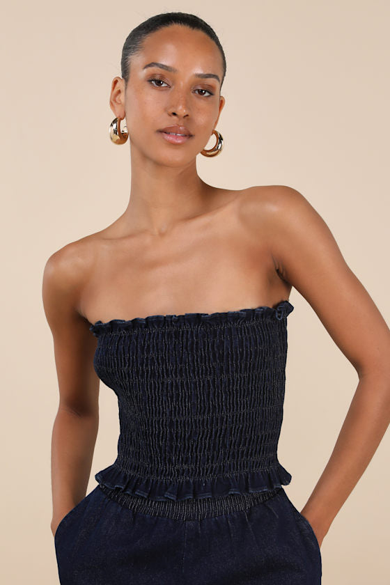 Diantha Dark Blue Smocked Strapless Crop Top