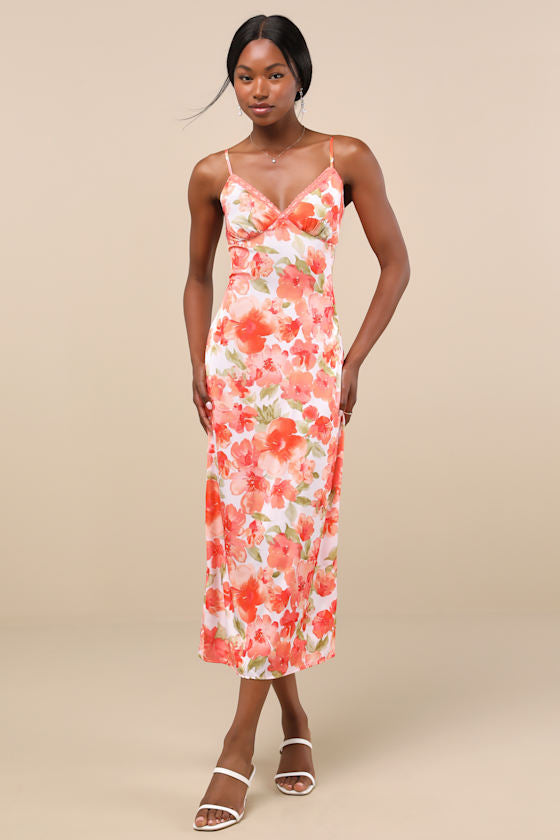Mattie Orange Floral Satin Lace Midi Slip Dress