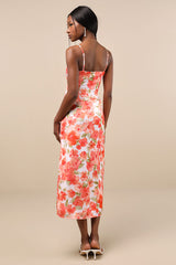 Mattie Orange Floral Satin Lace Midi Slip Dress
