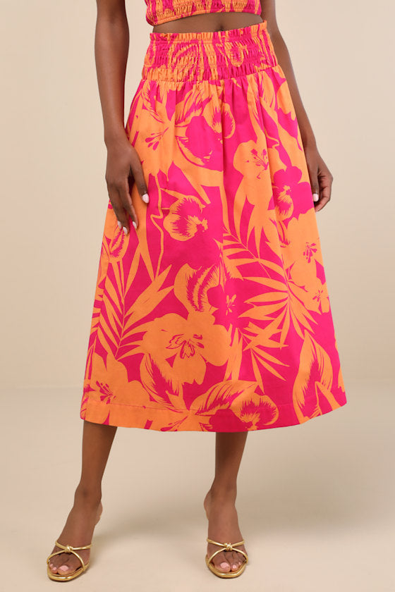 Luana Pink and Orange Floral High-Rise Midi Skirt