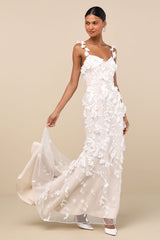 Kore White and Beige 3D Floral Mermaid Maxi Dress