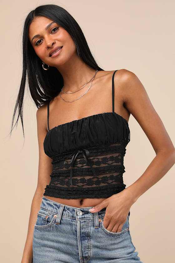 Malvina Black Mesh Sheer Lace Cami Top