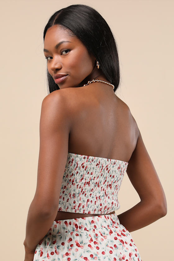 Chelan White Cherry Print Smocked Strapless Crop Top