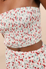 Chelan White Cherry Print Smocked Strapless Crop Top
