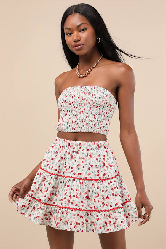 Chelan White Cherry Print Tiered Mini Skirt