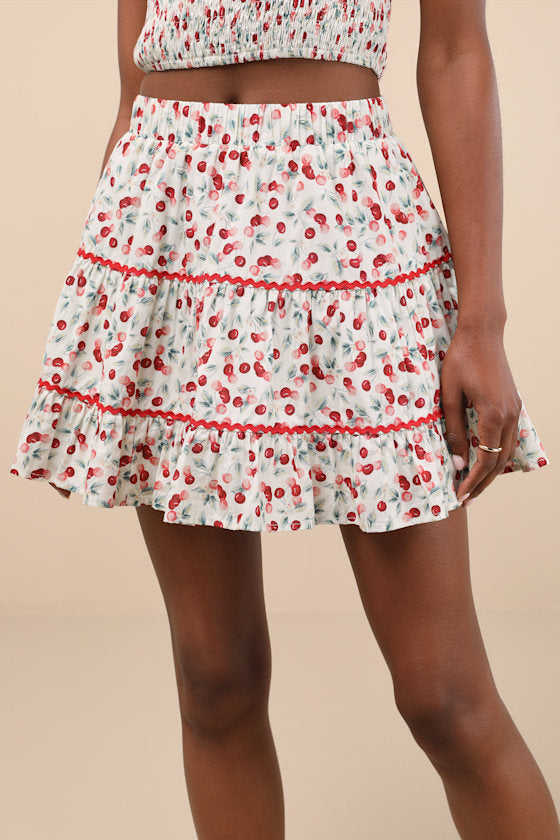 Chelan White Cherry Print Tiered Mini Skirt