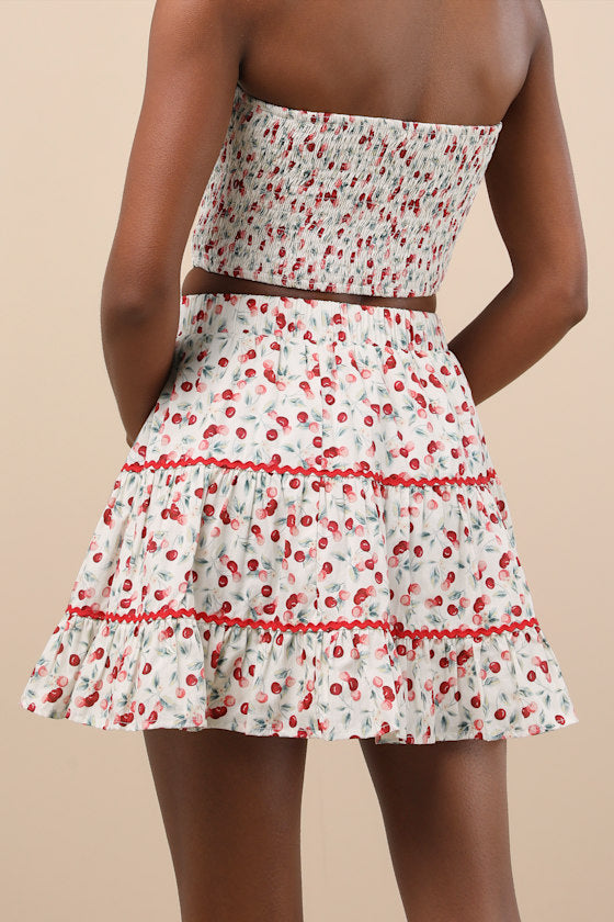 Chelan White Cherry Print Tiered Mini Skirt