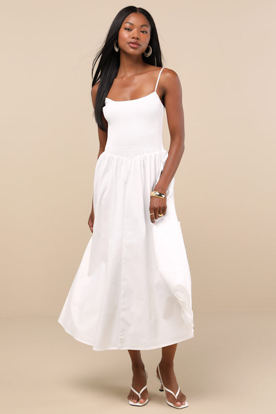 Tandria White Smocked Sleeveless Midi Dress
