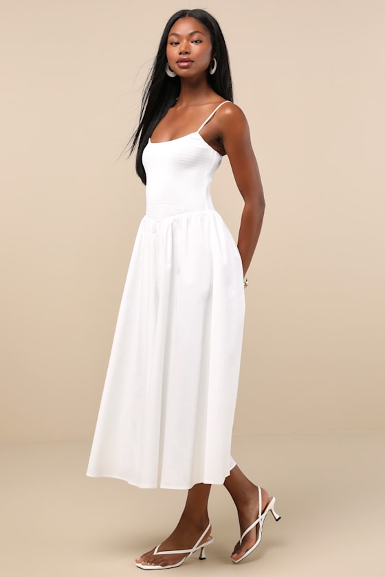 Tandria White Smocked Sleeveless Midi Dress
