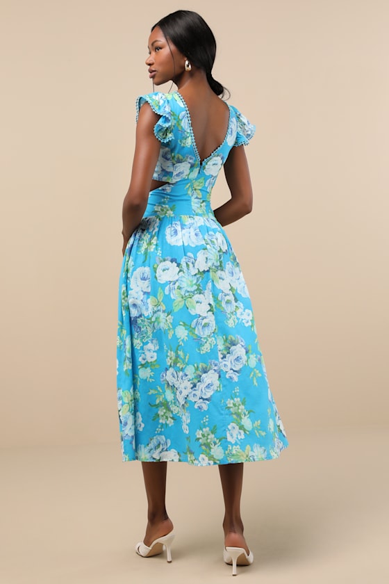 Prielle Bright Blue Floral Cutout Midi Dress